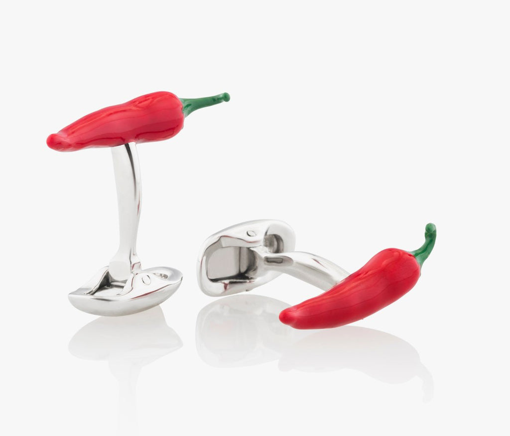Chili Pepper Luxury Cufflinks in Silver Handpainted enamel Fils Unique Red Hot