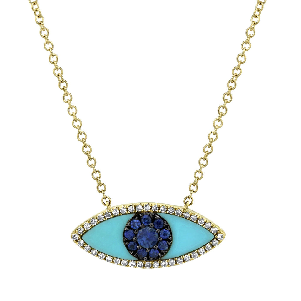 0.09Ct Diamond & 0.65Ct Blue Sapphire & Composite Turquoise Eye Necklace